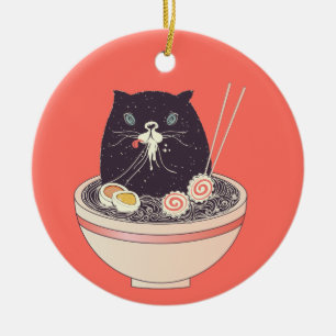 Bowl of ramen and black cat ceramic ornament