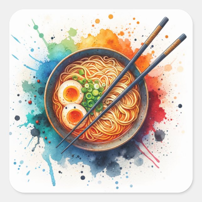 Bowl of Ramen Noodles, Egg and Chopsticks Square Sticker (Front)