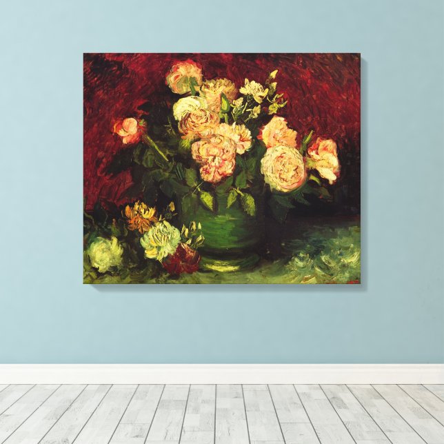 Bowl with Peonies and Roses by Vincent van Gogh Canvas Print (Insitu(Wood Floor))