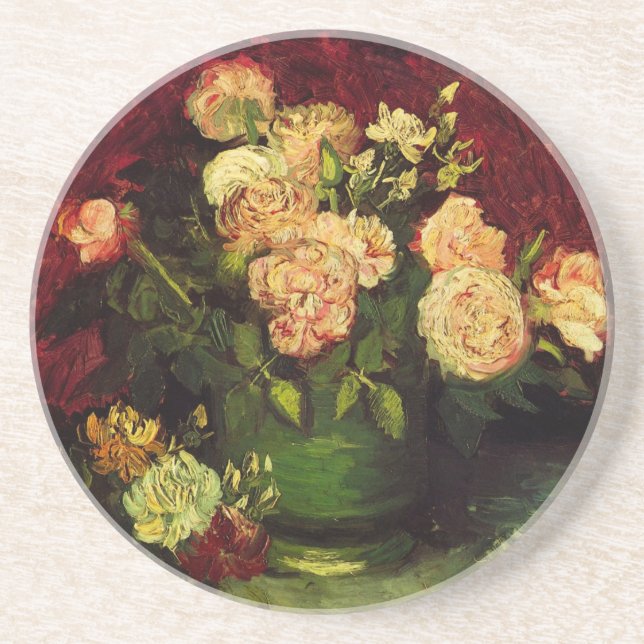 Bowl with Peonies and Roses by Vincent van Gogh Drink Coaster (Front)
