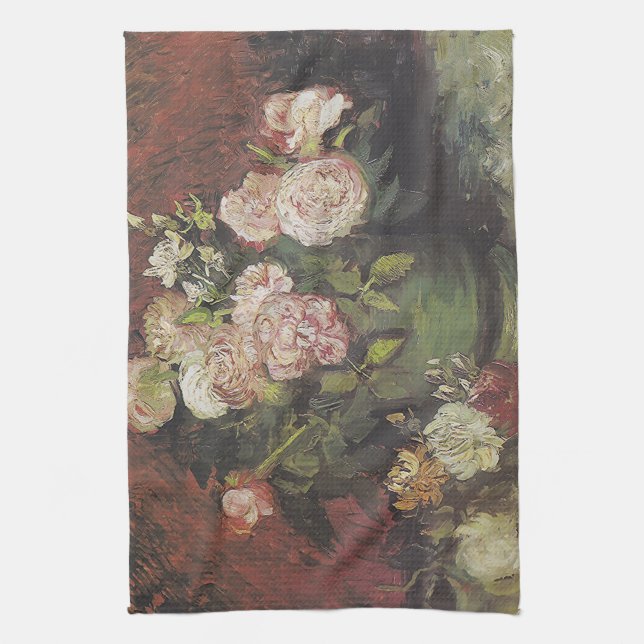 Bowl with Peonies and Roses by Vincent van Gogh    Kitchen Towel (Vertical)