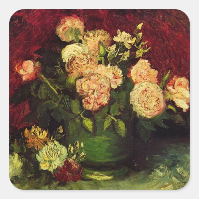 Bowl with Peonies and Roses by Vincent van Gogh Square Sticker (Front)