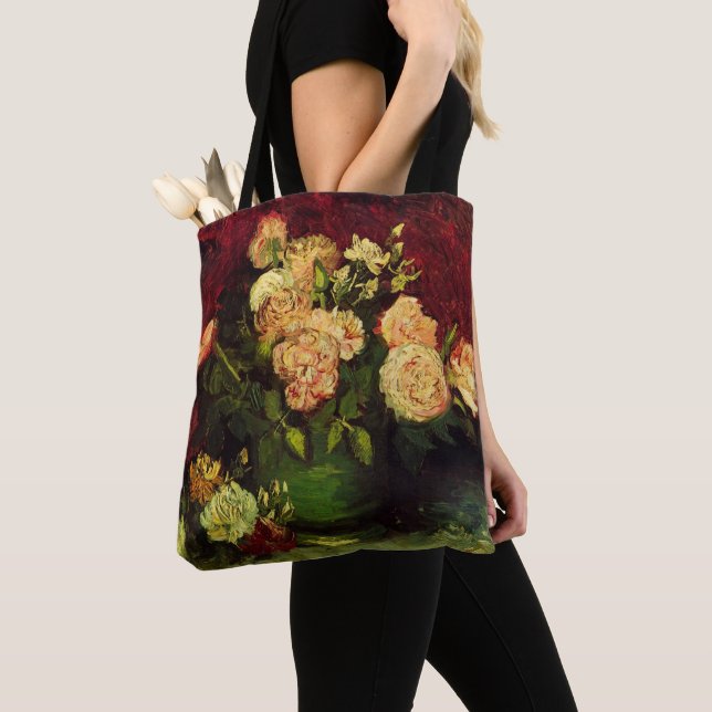 Bowl with Peonies and Roses by Vincent van Gogh Tote Bag (Close Up)