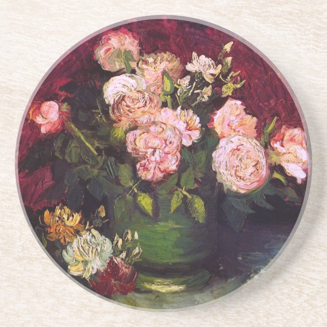 Bowl with Peonies & Roses Van Gogh Fine Art Drink Coaster (Front)
