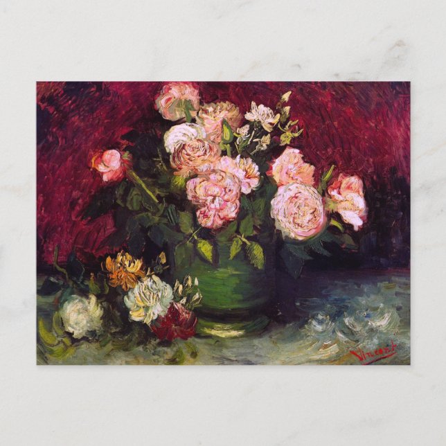 Bowl with Peonies & Roses Van Gogh Fine Art Postcard (Front)