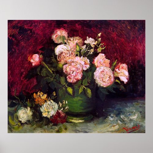 Bowl with Peonies  Roses Van Gogh Fine Art Poster