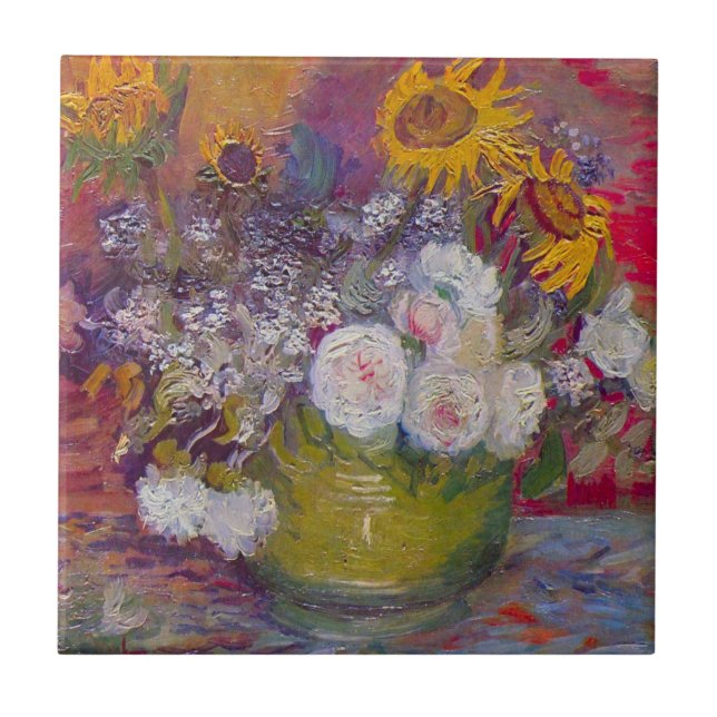 Bowl with Sunflowers and Roses by Vincent van Gogh Ceramic Tile (Front)