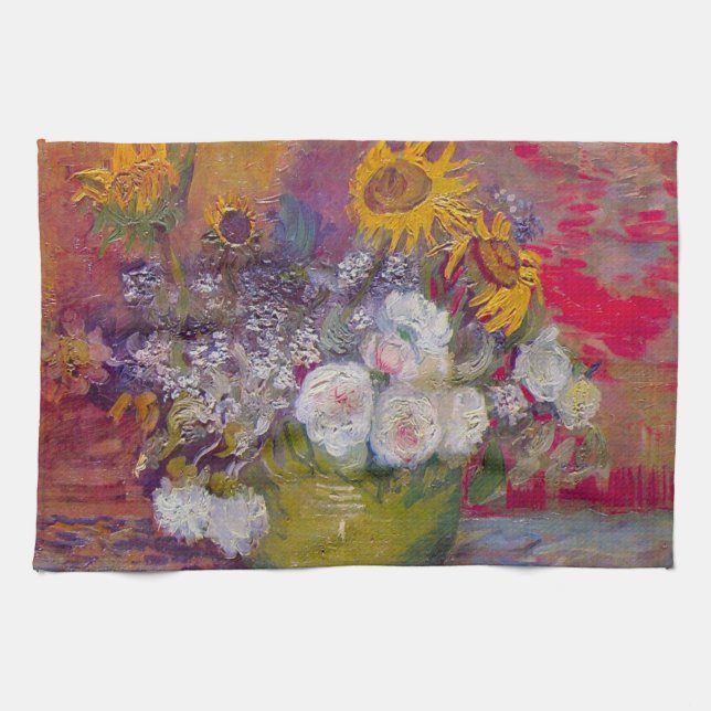 Bowl with Sunflowers and Roses by Vincent van Gogh Kitchen Towel (Horizontal)