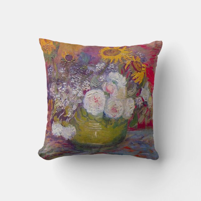 Bowl with Sunflowers and Roses by Vincent van Gogh Throw Pillow (Front)