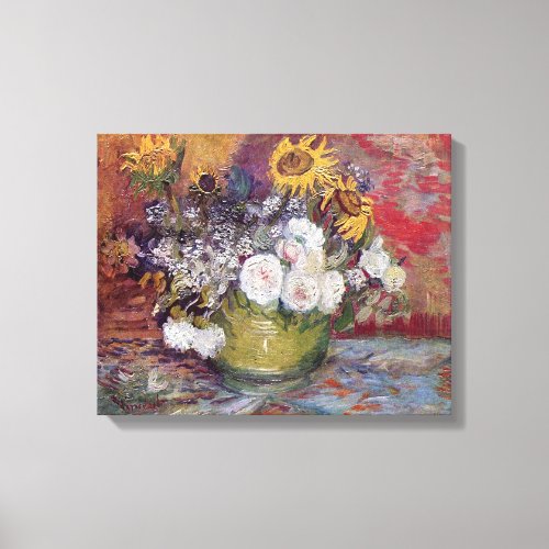 Bowl With Sunflowers Roses And Other Flowers Canvas Print