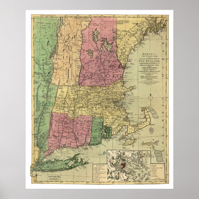 Bowle's Map of New England 1784 Poster (Front)