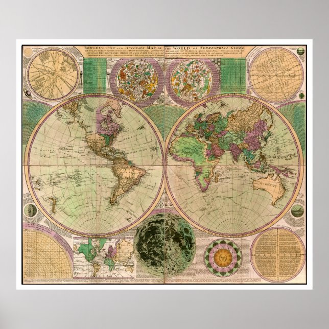 BOWLES New & Accurate Map of the World by Dialing Poster (Front)