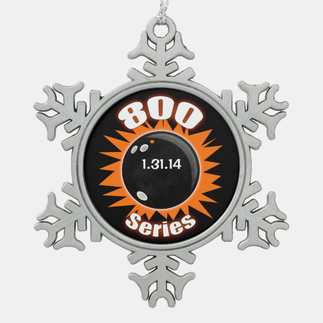 Bowling 800 Series Club, Orange & Black Snowflake Pewter Christmas Ornament (Front)