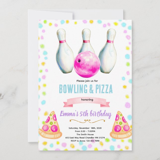 Bowling and Pizza girl party invitation (Front)