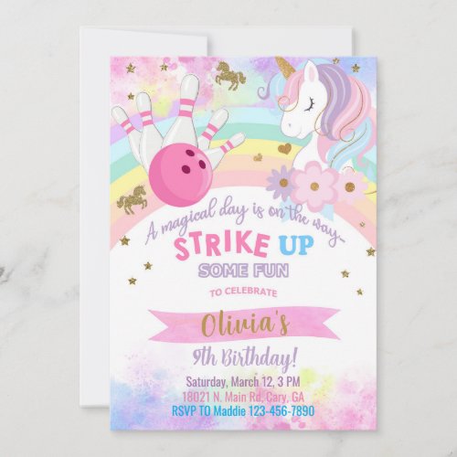 Bowling and Unicorn girl birthday invitation.