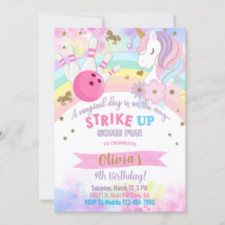 Bowling and Unicorn girl birthday invitation. Invitation