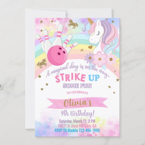 Bowling and Unicorn girl birthday invitation Invitation