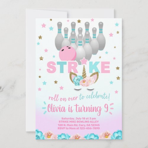 Bowling and unicorn girl birthday invite invitation
