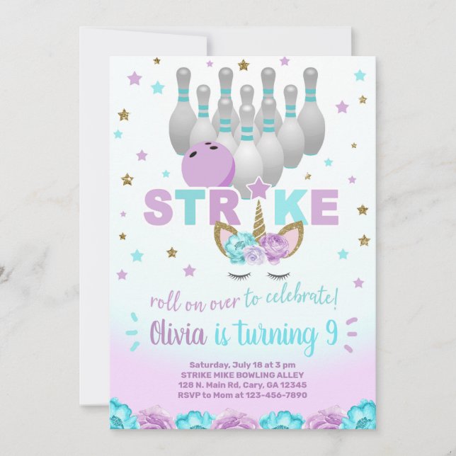 Bowling and unicorn girl birthday invite. invitation (Front)