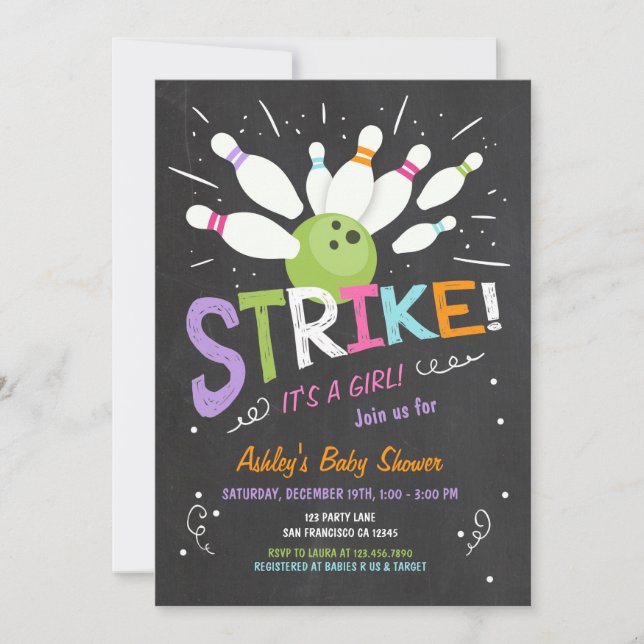 Bowling Baby shower Invitation Pink Purple Girl (Front)