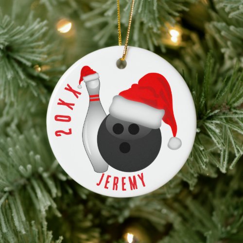 Bowling Ball and Pin Christmas Ceramic Ornament