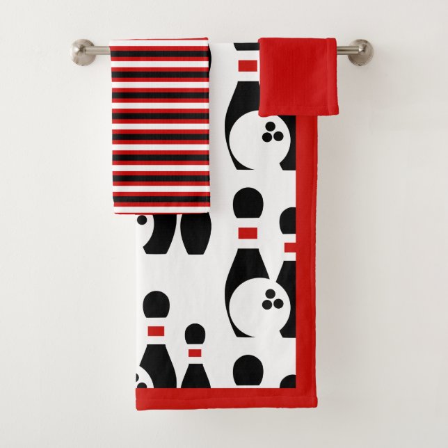 Bowling ball and pins and striped pattern bath towel set (Insitu)