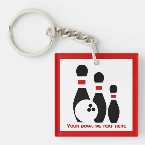 Bowling ball and pins black and red keychain