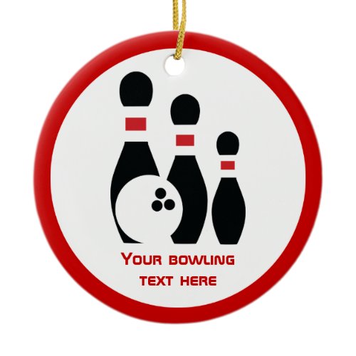 Bowling ball and pins black red custom ceramic ornament