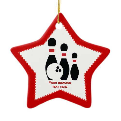 Bowling ball and pins black red custom ceramic ornament