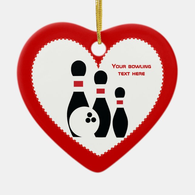 Bowling ball and pins black red custom ceramic ornament (Front)
