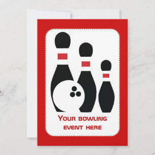 Bowling ball and pins black red custom invitation