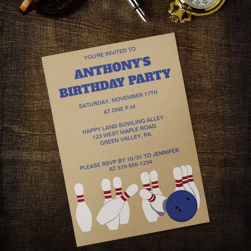Bowling Ball and Pins Bowling Birthday Party Invitation