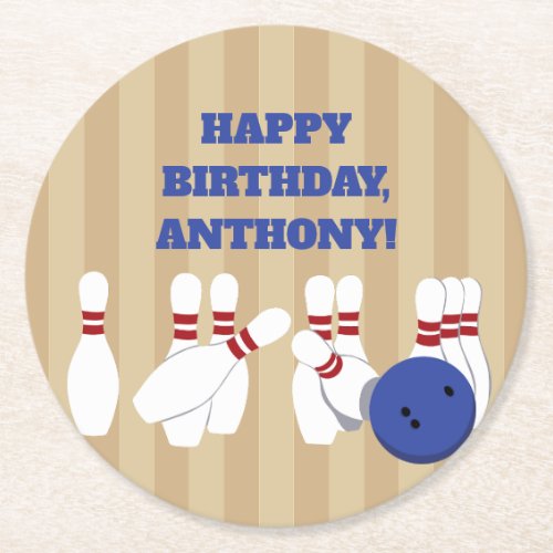 Bowling Ball and Pins Bowling Birthday Party Round Paper Coaster