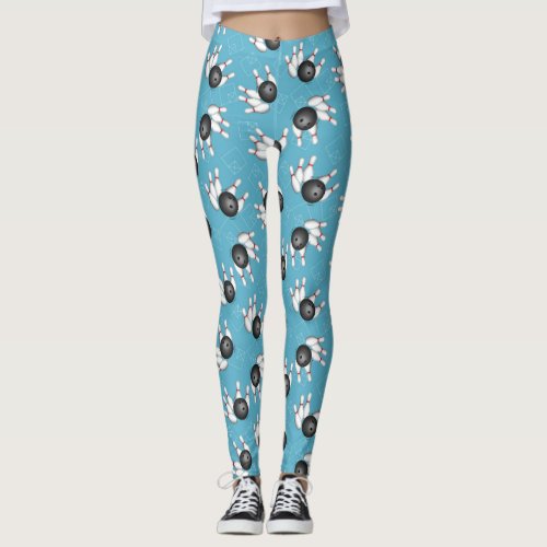 Bowling Ball and Pins Pattern Blue Leggings