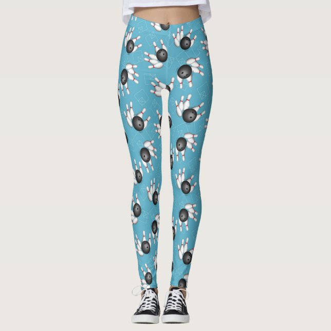 Bowling Ball and Pins Pattern Blue Leggings (Front)