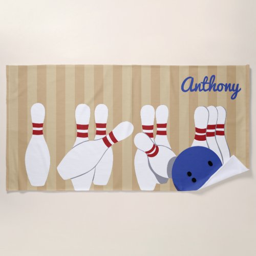 Bowling Ball and Pins Personalized Beach Towel