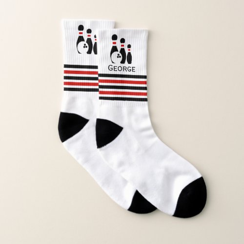 Bowling ball and pins red and black stripes socks
