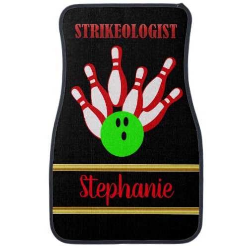 Bowling ball and pins with the text STRIKEOLOGIST Car Mat