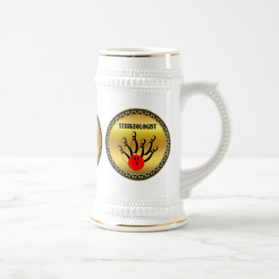 Bowling ball and pins with the word STRIKEOLOGIST Beer Stein