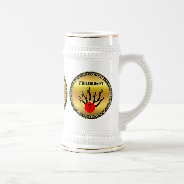 Bowling ball and pins with the word STRIKEOLOGIST Beer Stein (Right)