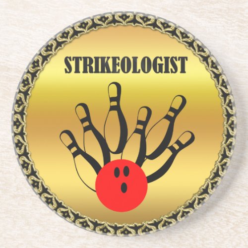 Bowling ball and pins with the word STRIKEOLOGIST Drink Coaster