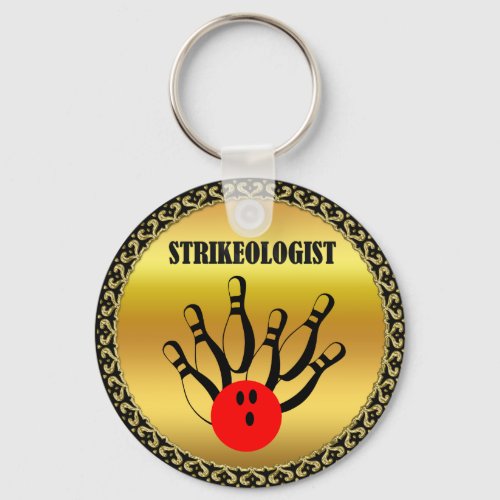 Bowling ball and pins with the word STRIKEOLOGIST Keychain