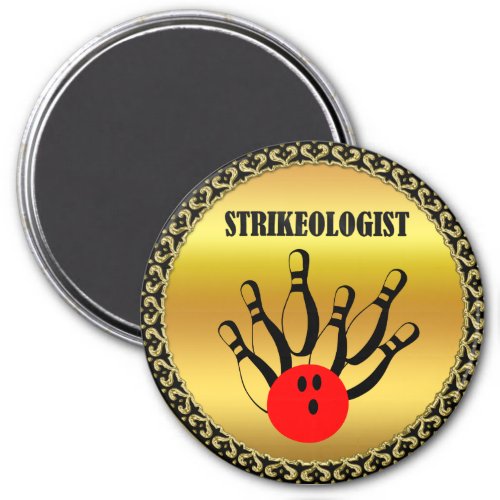 Bowling ball and pins with the word STRIKEOLOGIST Magnet