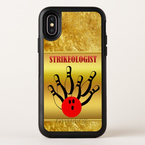 Bowling ball and pins with the word STRIKEOLOGIST OtterBox Symmetry iPhone X Case