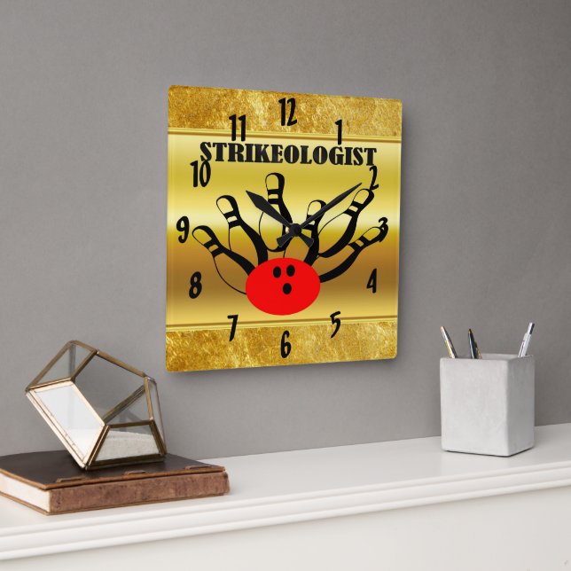 Bowling ball and pins with the word STRIKEOLOGIST Square Wall Clock (Office)