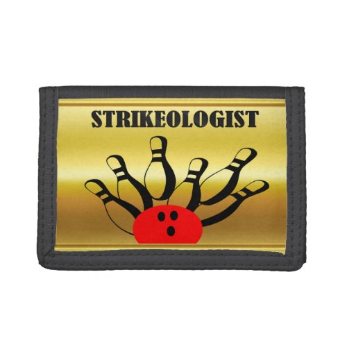 Bowling ball and pins with the word STRIKEOLOGIST Tri_fold Wallet