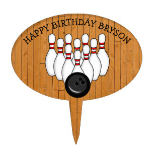 Bowling Ball and Pins with Wood Floor Birthday Cake Topper