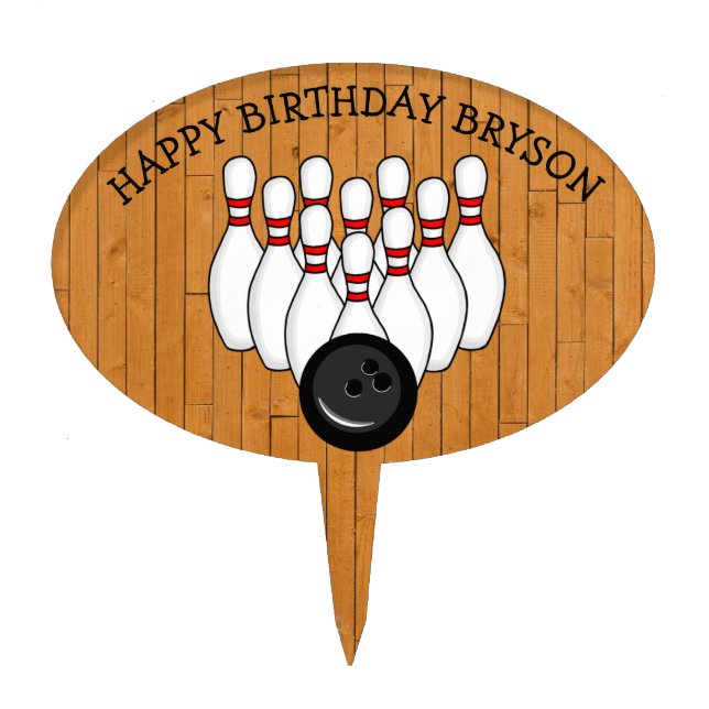 Bowling Ball and Pins with Wood Floor Birthday    Cake Topper (Front)
