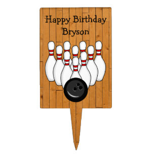 Bowling Ball and Pins with Wood Floor Birthday Cake Topper