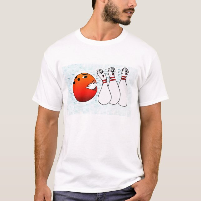Bowling Ball Chasing Pins T-Shirt (Front)